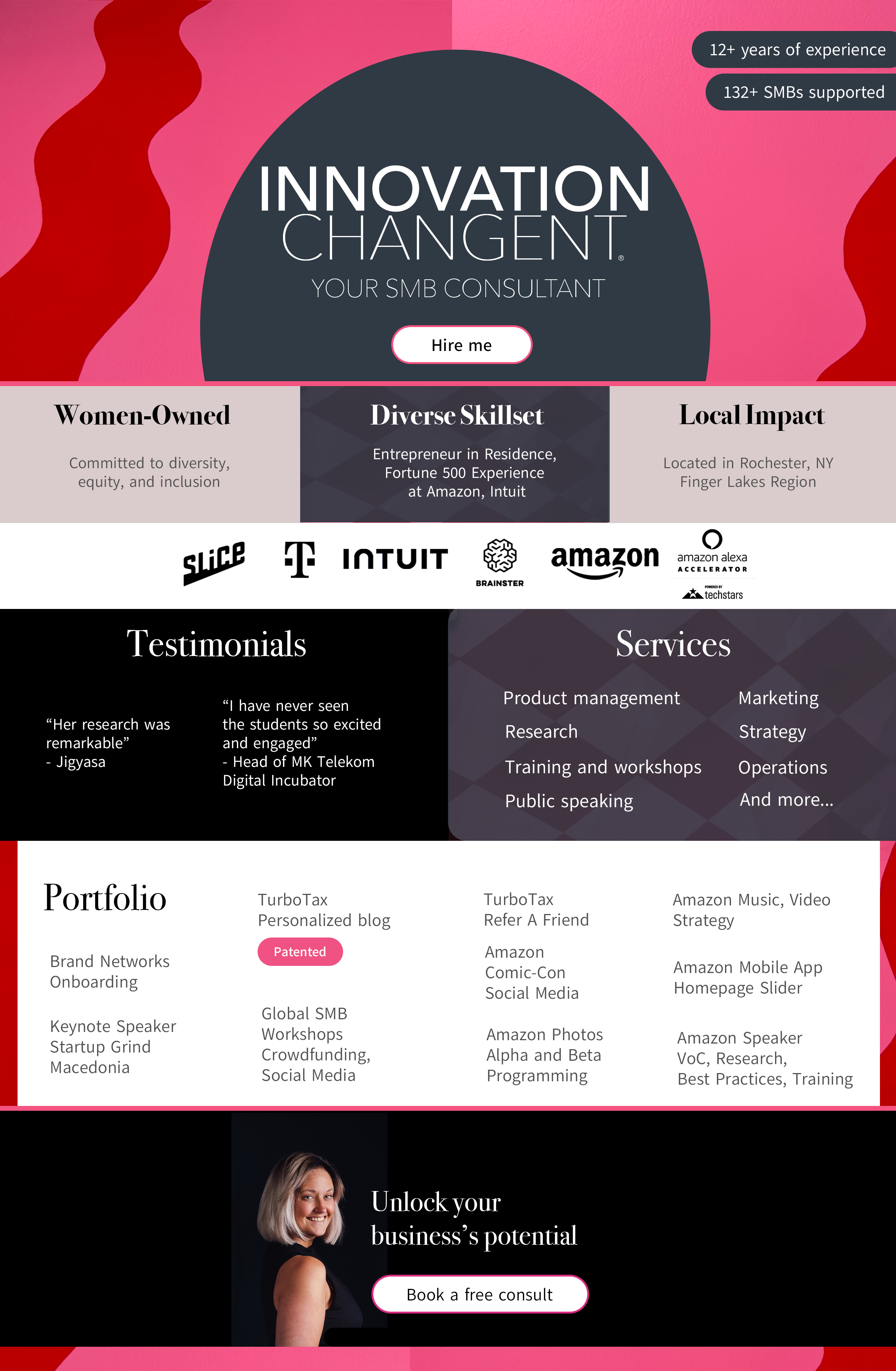 Innovation Changent, your SMB consultant. Hire me! Diverse skillset, women-owned, with a local impact. Offering services including program management, project management, marketing, strategy, research, and product management. See more details in my portfolio. Unlock your business's potential. Book a free consult